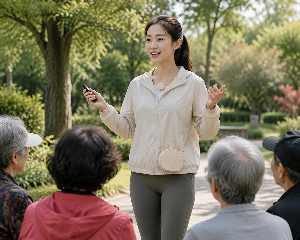 户外讲解人员佩戴金运M20扩音器面对听众